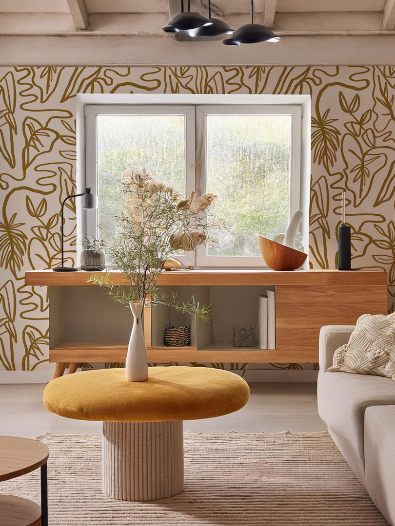 Inked Foliage Wallpaper, white and mustard