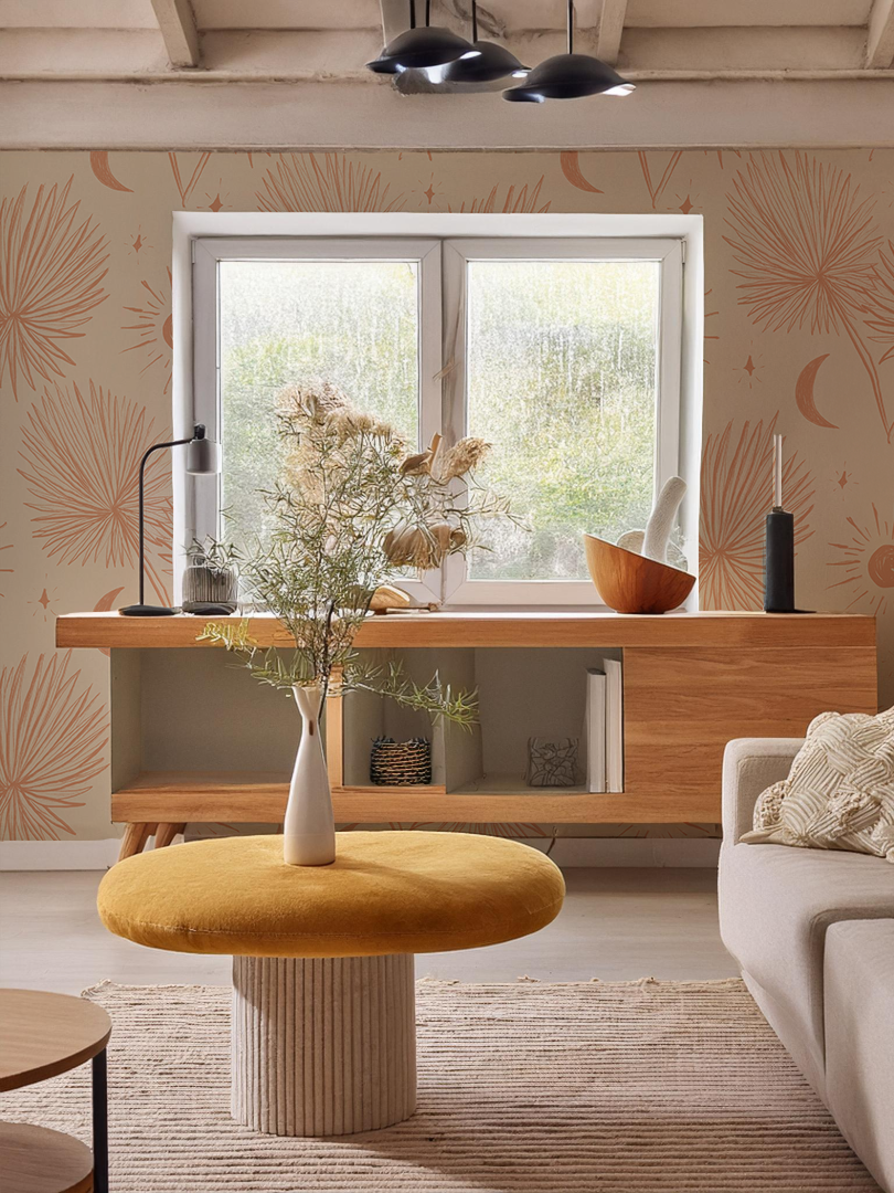 Night Palm Wallpaper, tan and terra cotta