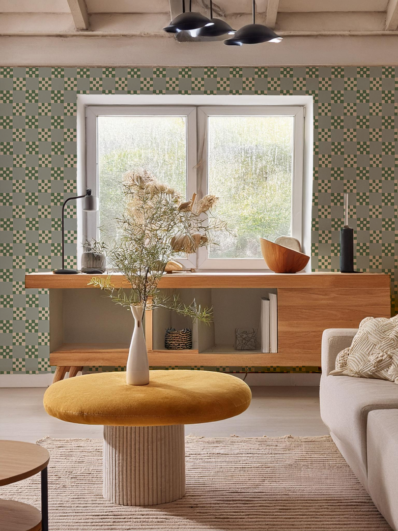 Checkered Quilt Wallpaper, mint, sage and white
