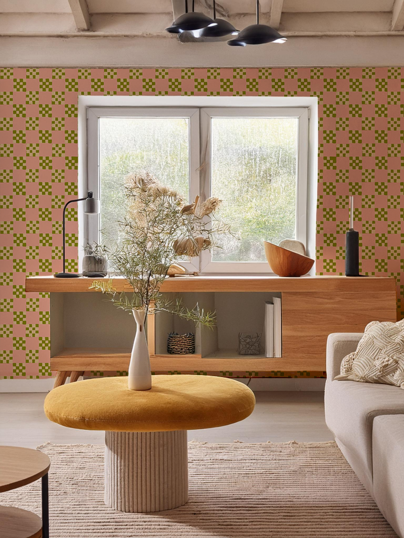 Checkered Quilt Wallpaper, pink, olive green and light beige
