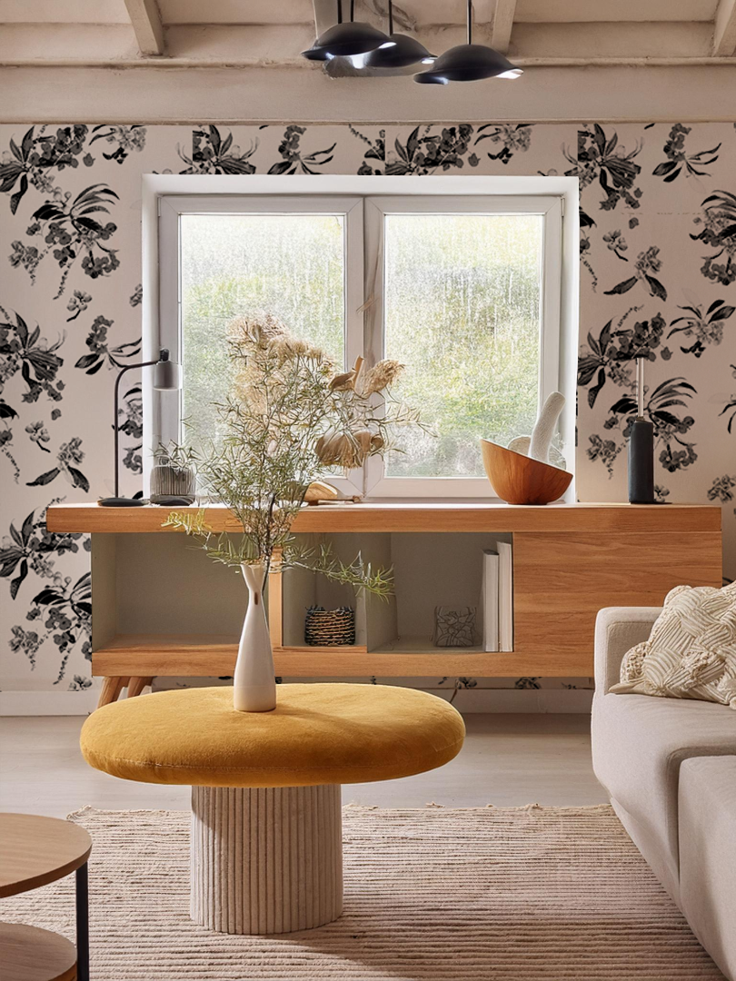 Floral Loquat Wallpaper, white and black