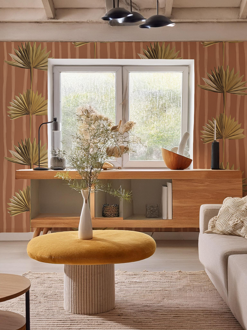 Stripey Palm Wallpaper, terra cotta and yellow
