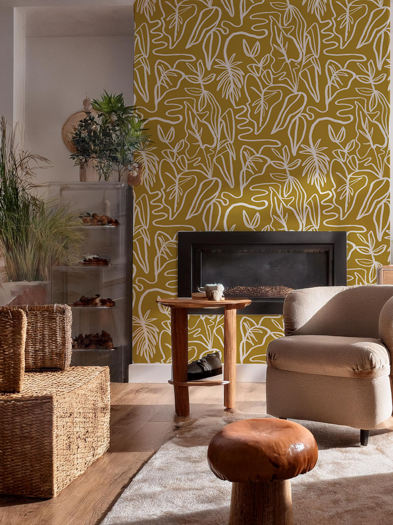 Inked Foliage Wallpaper, mustard and white