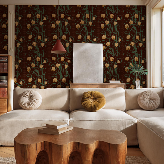 Campanas Wallpaper, chocolate and goldenrod