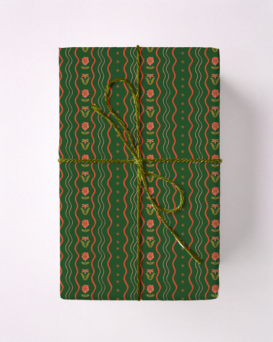 Posy Lane Holiday Gift Wrap, green and poppy red