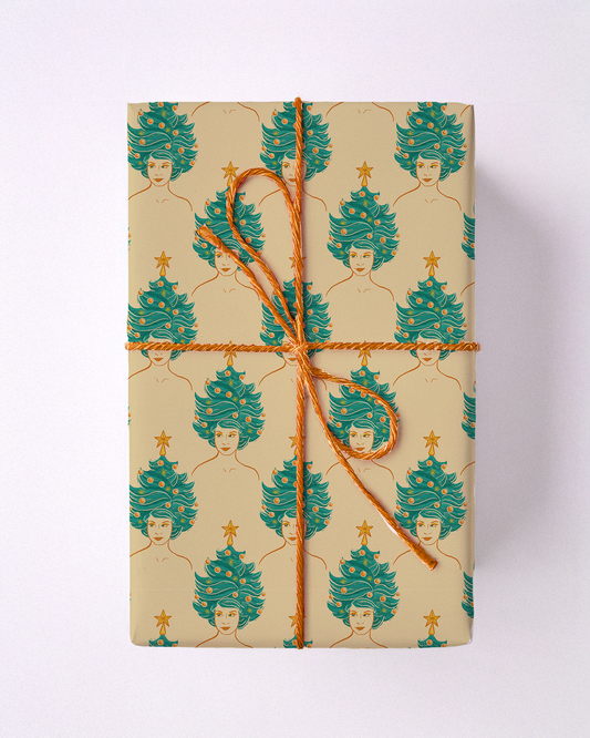 Tree Lady Gift Wrap, teal & butter yellow