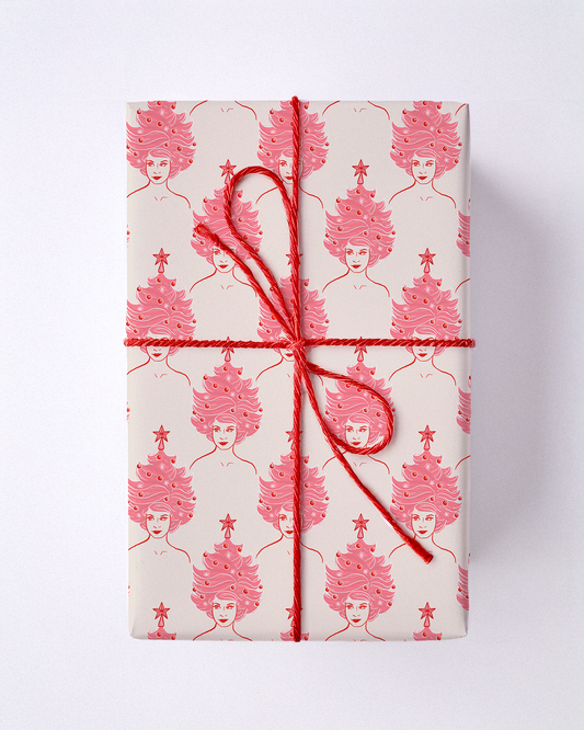 Tree Lady Gift Wrap, white and pink