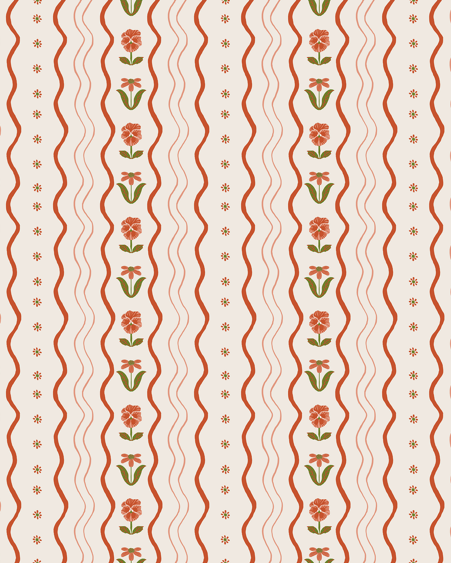 Posy Lane Stripe Wallpaper, beige and poppy red