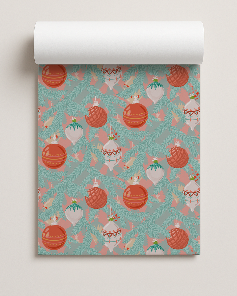 Tinsel Pines Gift Wrap, brick red, blue and coral