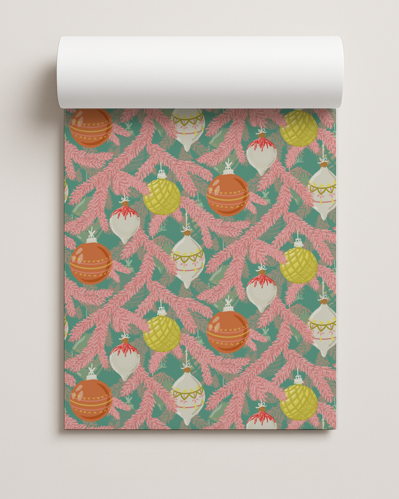 Tinsel Pines Gift Wrap, teal, pink and orange