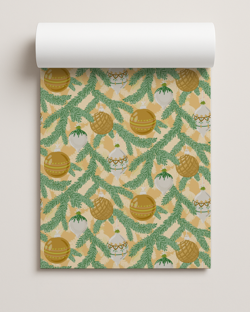 Tinsel Pines Gift Wrap, yellow and green