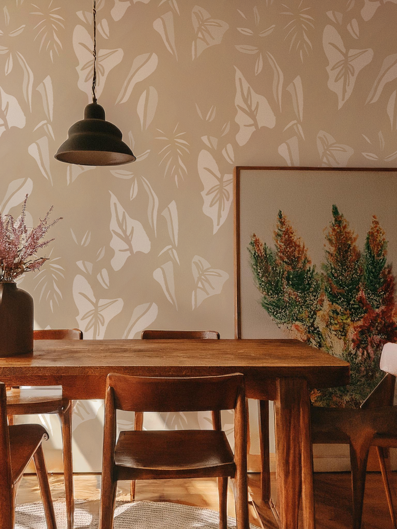 Block Print Foliage Wallpaper, tan and off-white