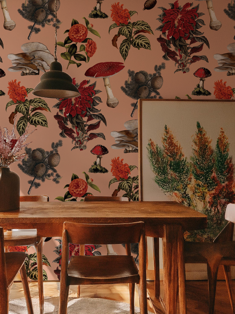 Shrooms Wallpaper, peach and red