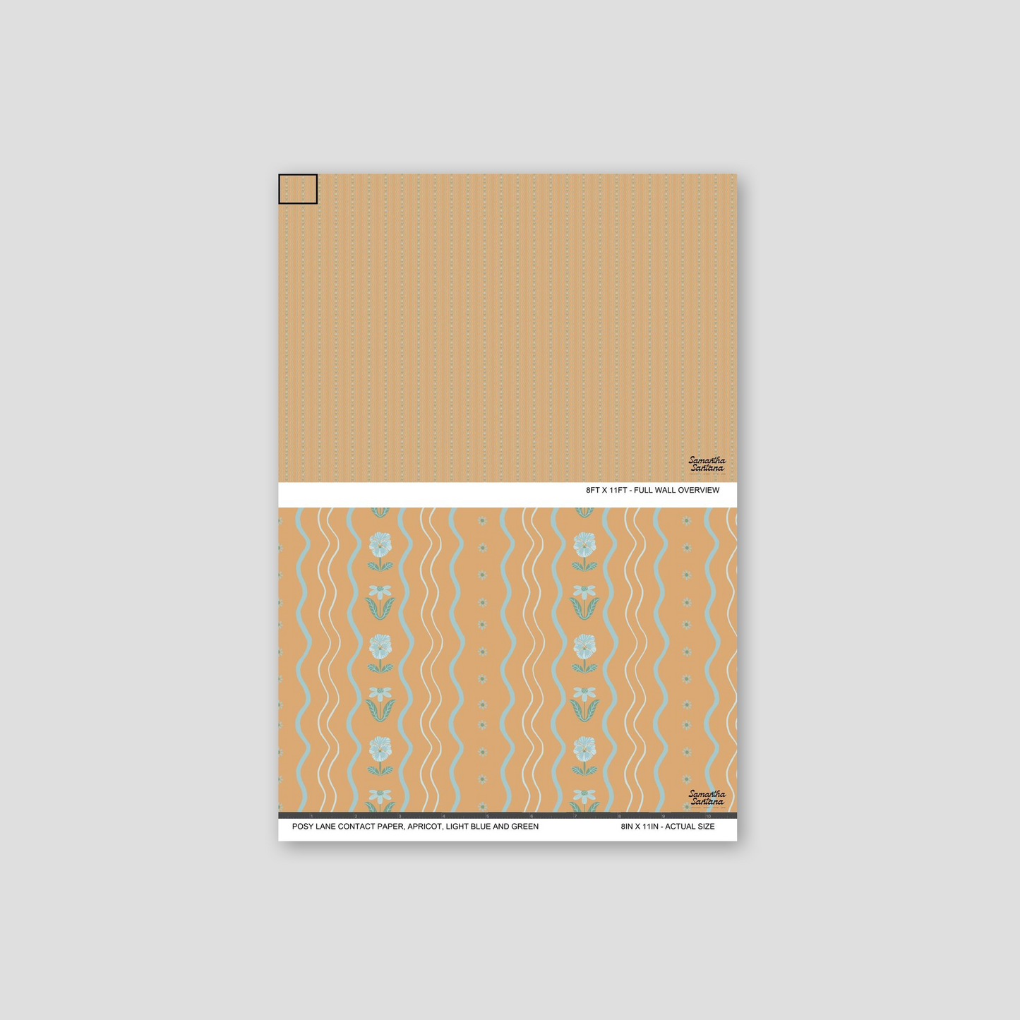 Apricot floral contact paper, shelf liner with light blue and green wavy patterns on sample sheet.