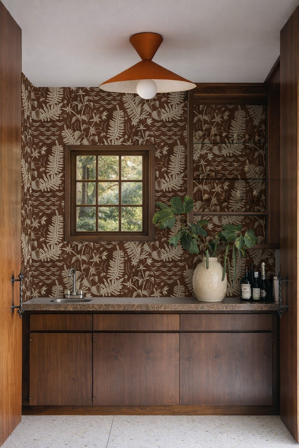 Verdant Folia Wallpaper, brown and off-white