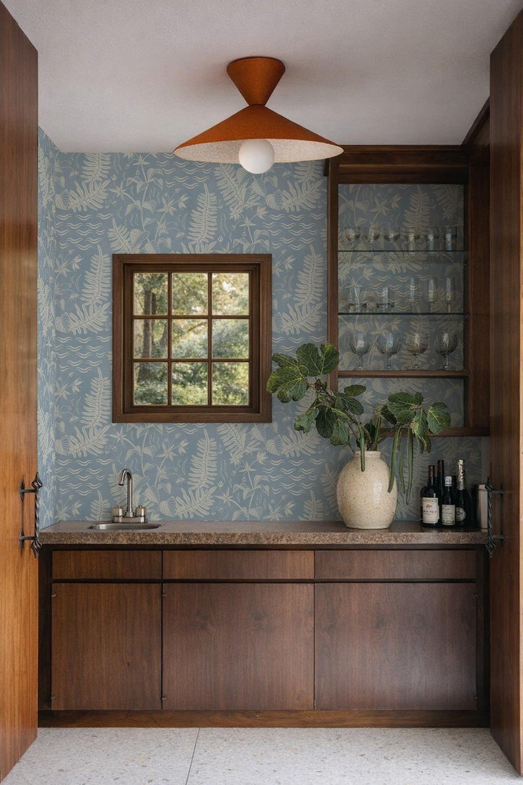 Verdant Folia Wallpaper, light blue and off-white