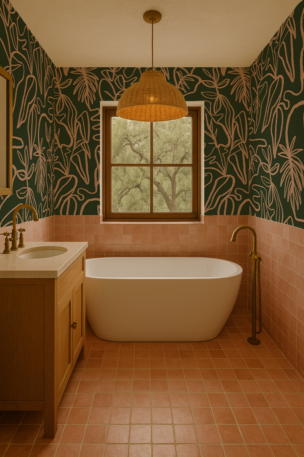 Inked Foliage Wallpaper, green and peach