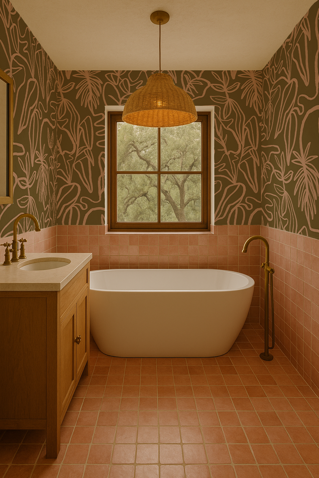 Inked Foliage Wallpaper, olive green and peach