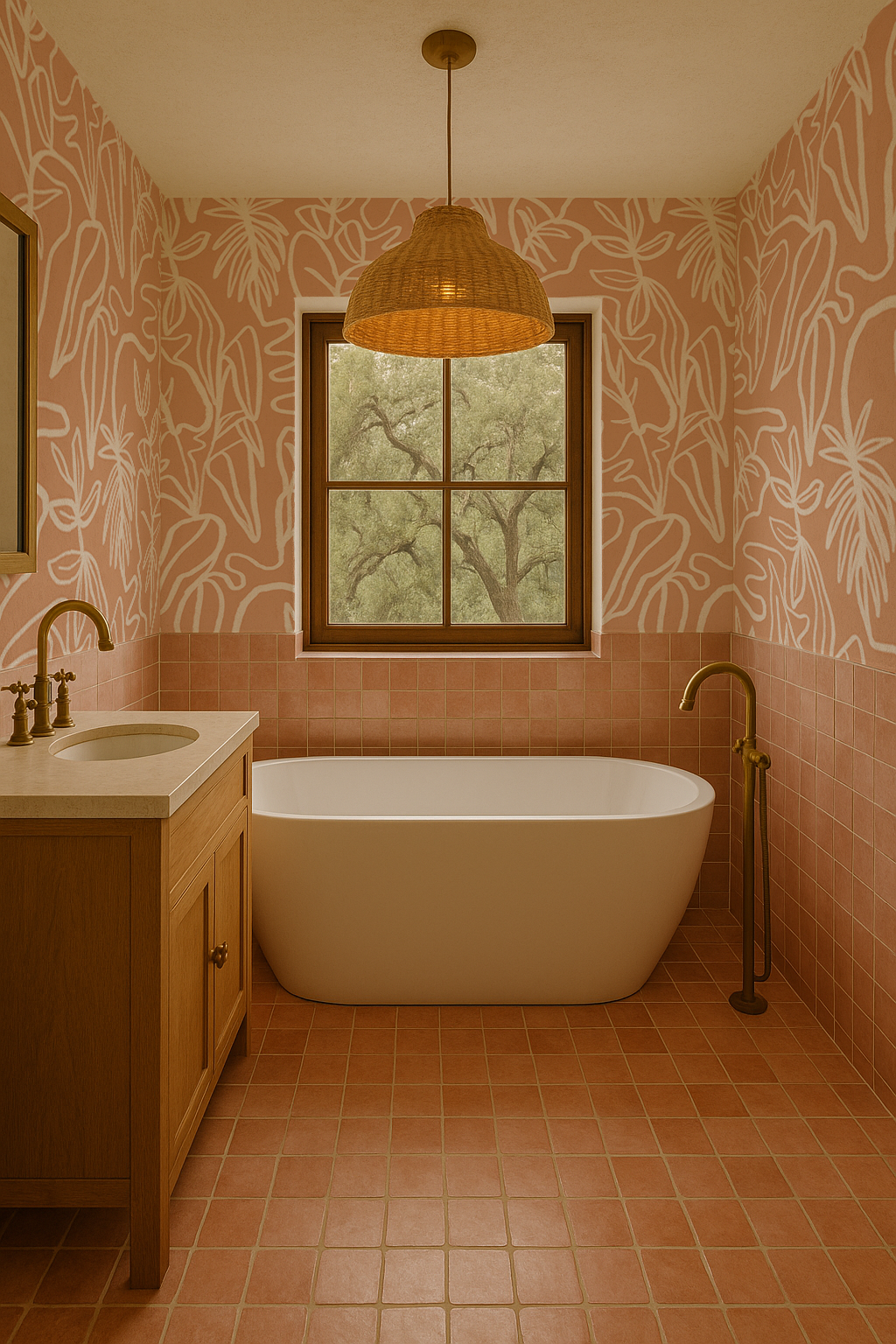 Inked Foliage Wallpaper, peach and white