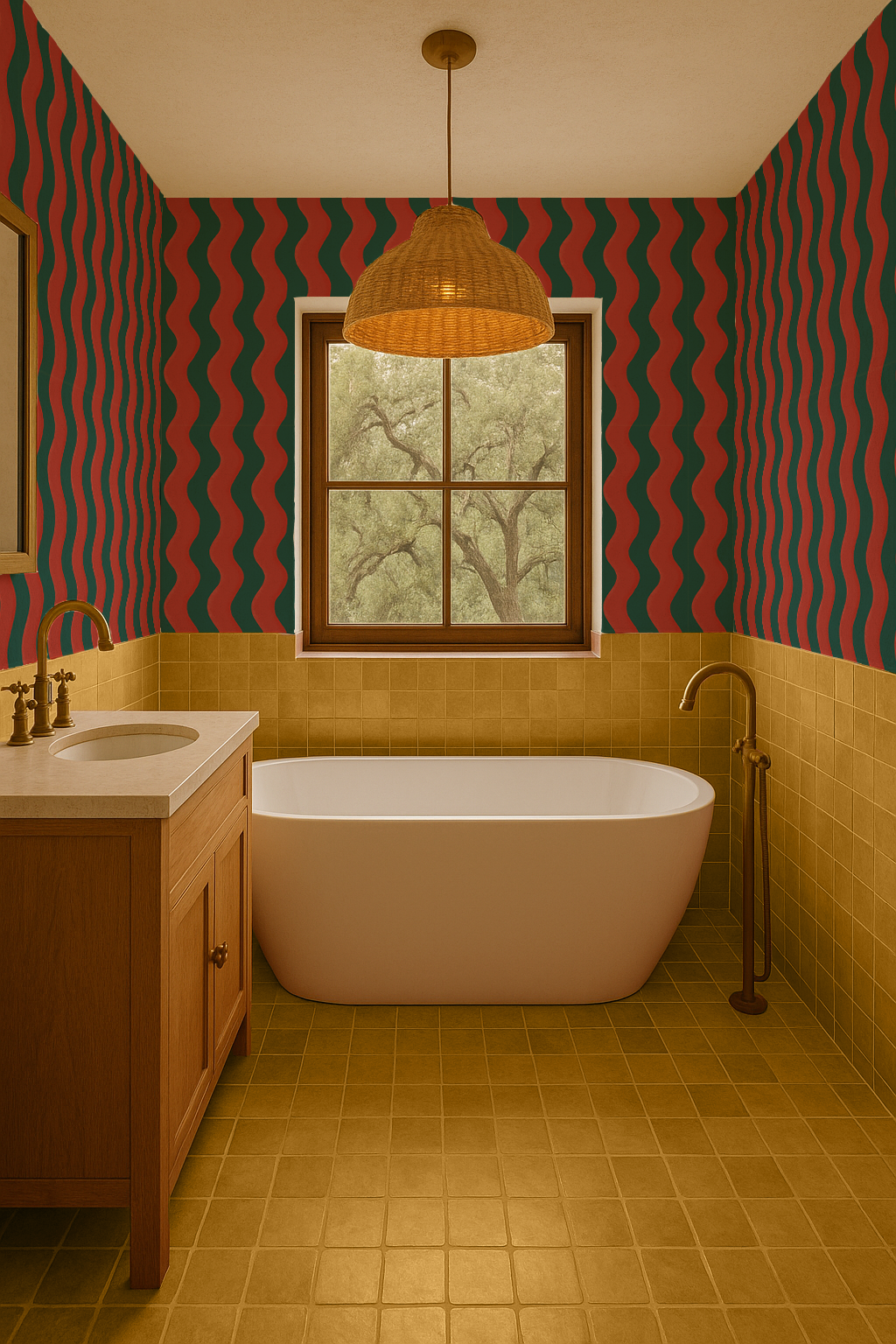 Ziggy Stripe Wallpaper, dark teal and brick red
