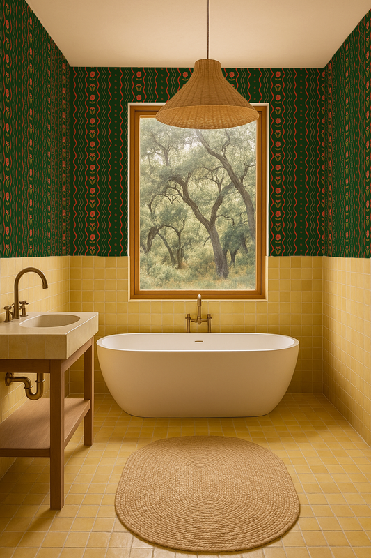 Posy Lane Stripe Wallpaper, dark green and poppy red