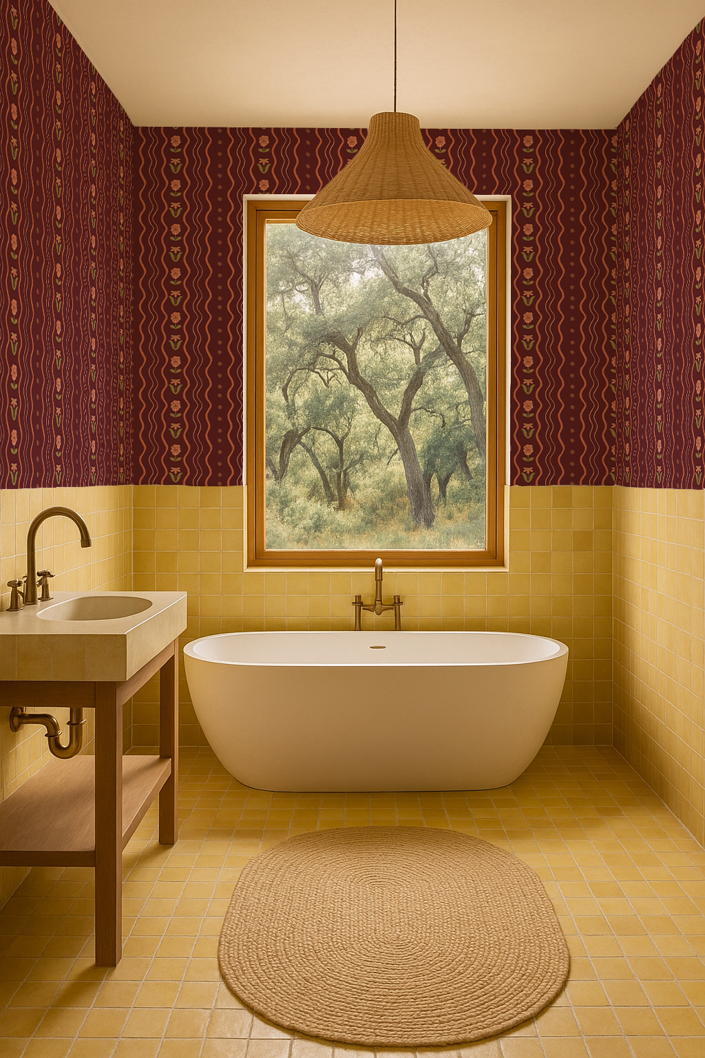 Posy Lane Stripe Wallpaper, fig jam and coral