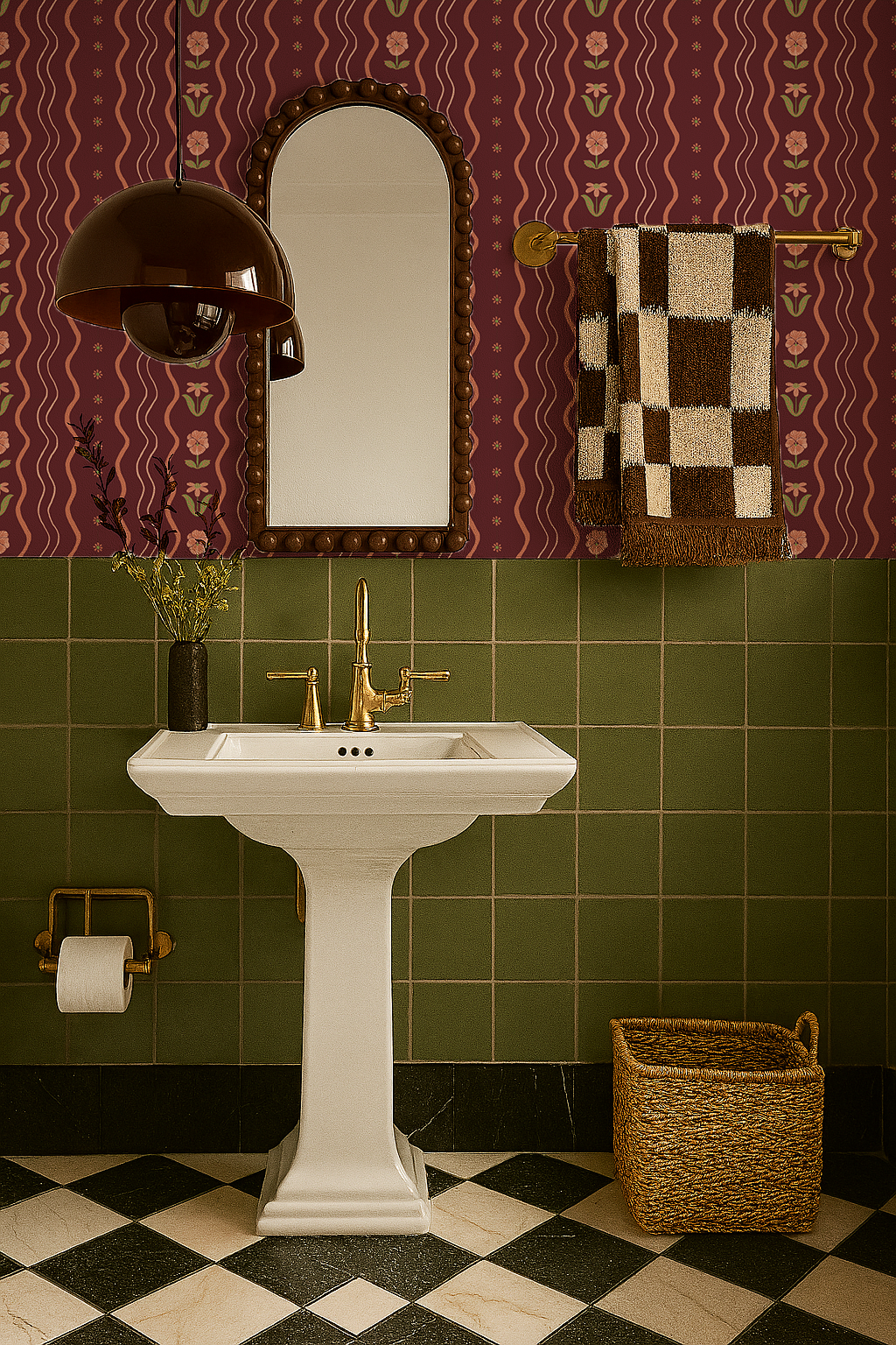 Posy Lane Stripe Wallpaper, fig jam and coral