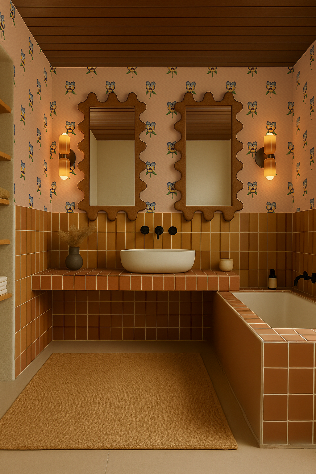 Pansy Parade Wallpaper, peach and violet blue