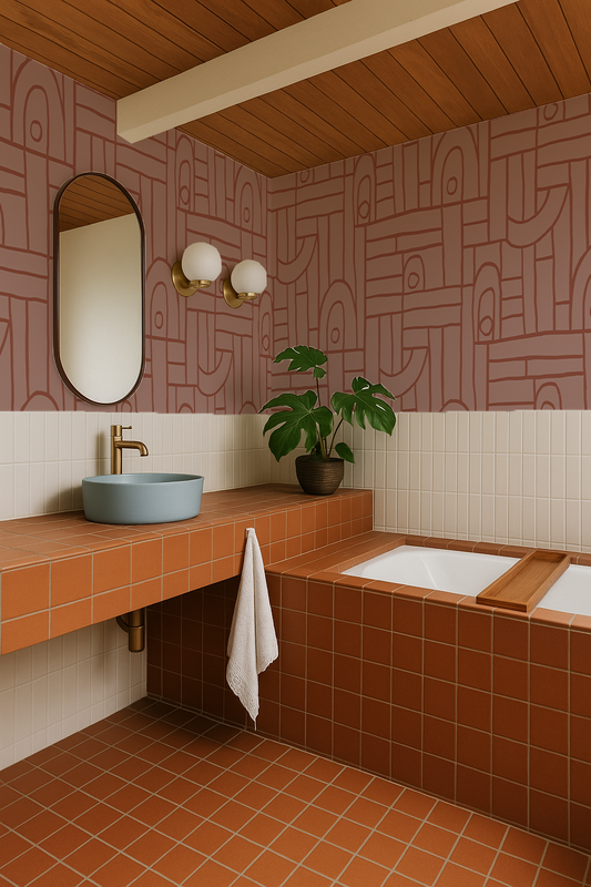 Deco Tile Wallpaper, mauve and burnt orange
