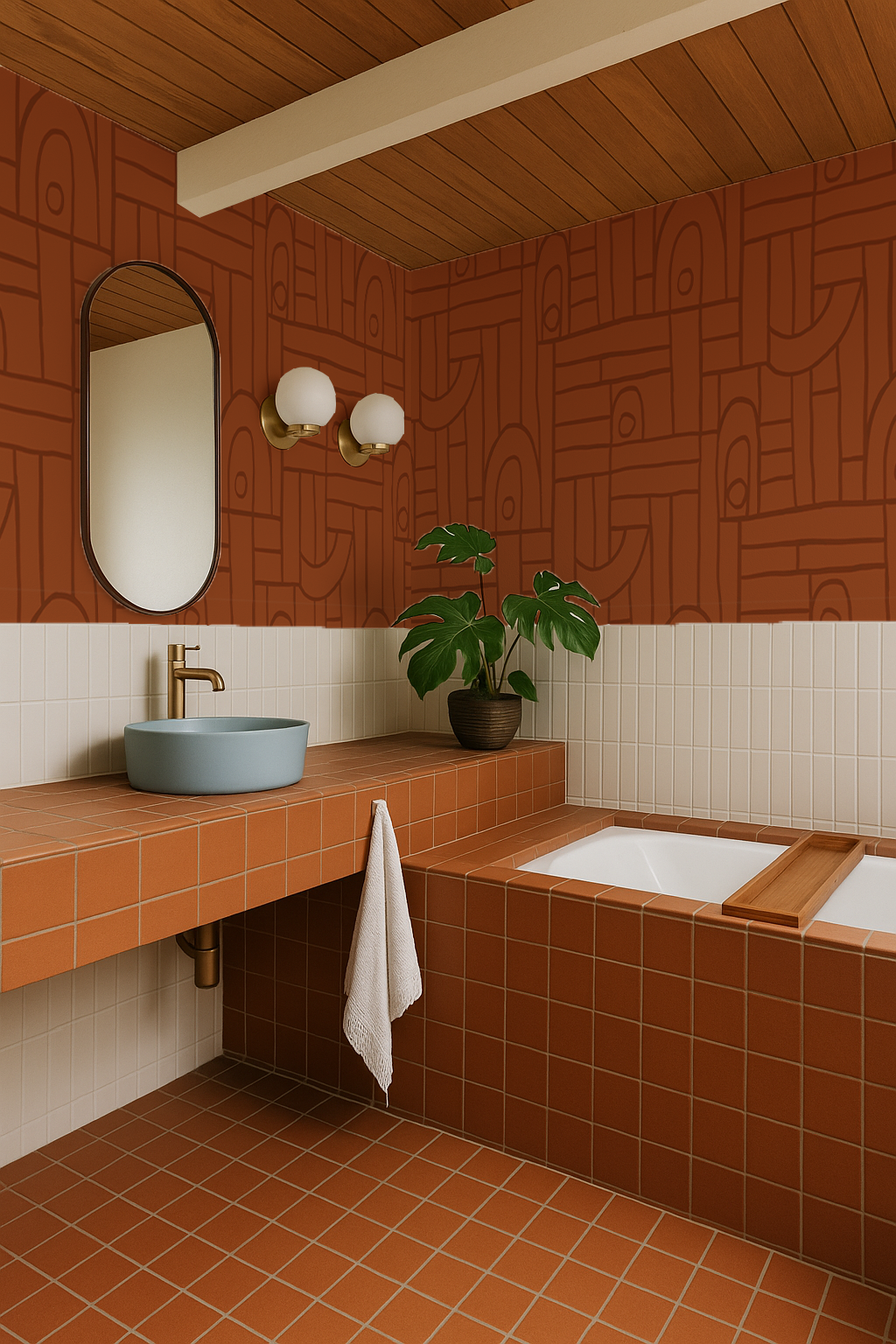 Deco Tile Wallpaper, sequoia red