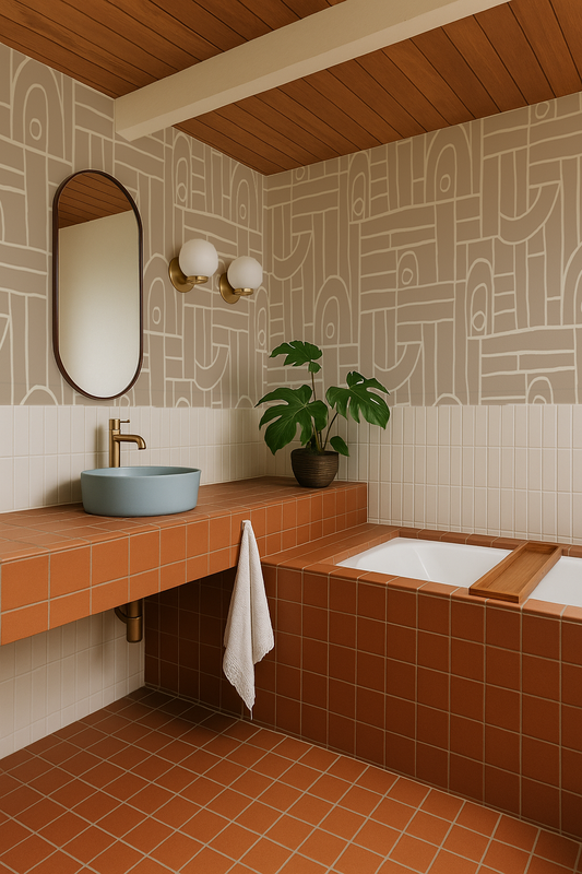 Deco Tile Wallpaper, tan and white