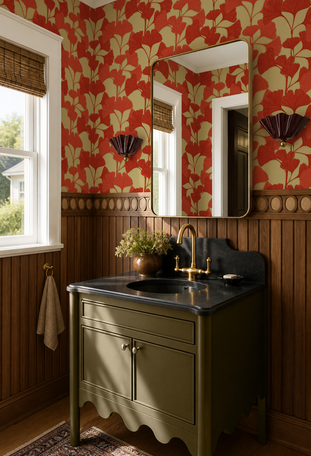 Ginkgo Vignette Wallpaper, khaki green and red