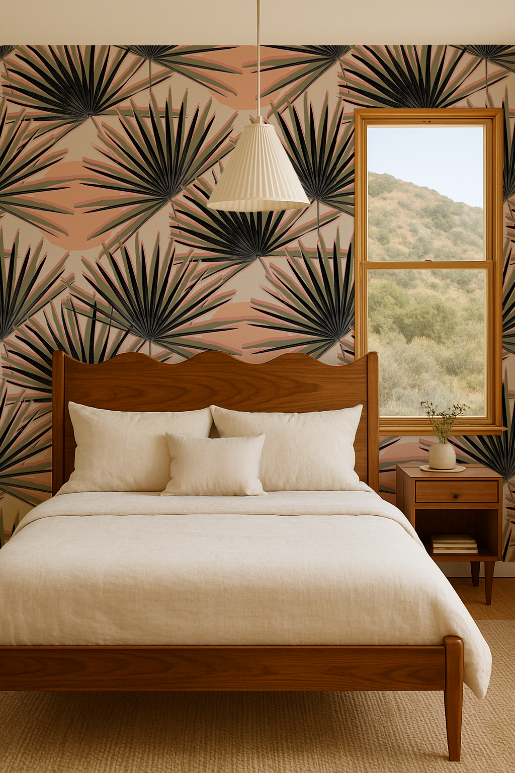 Palm Deco Wallpaper, coral and olive green