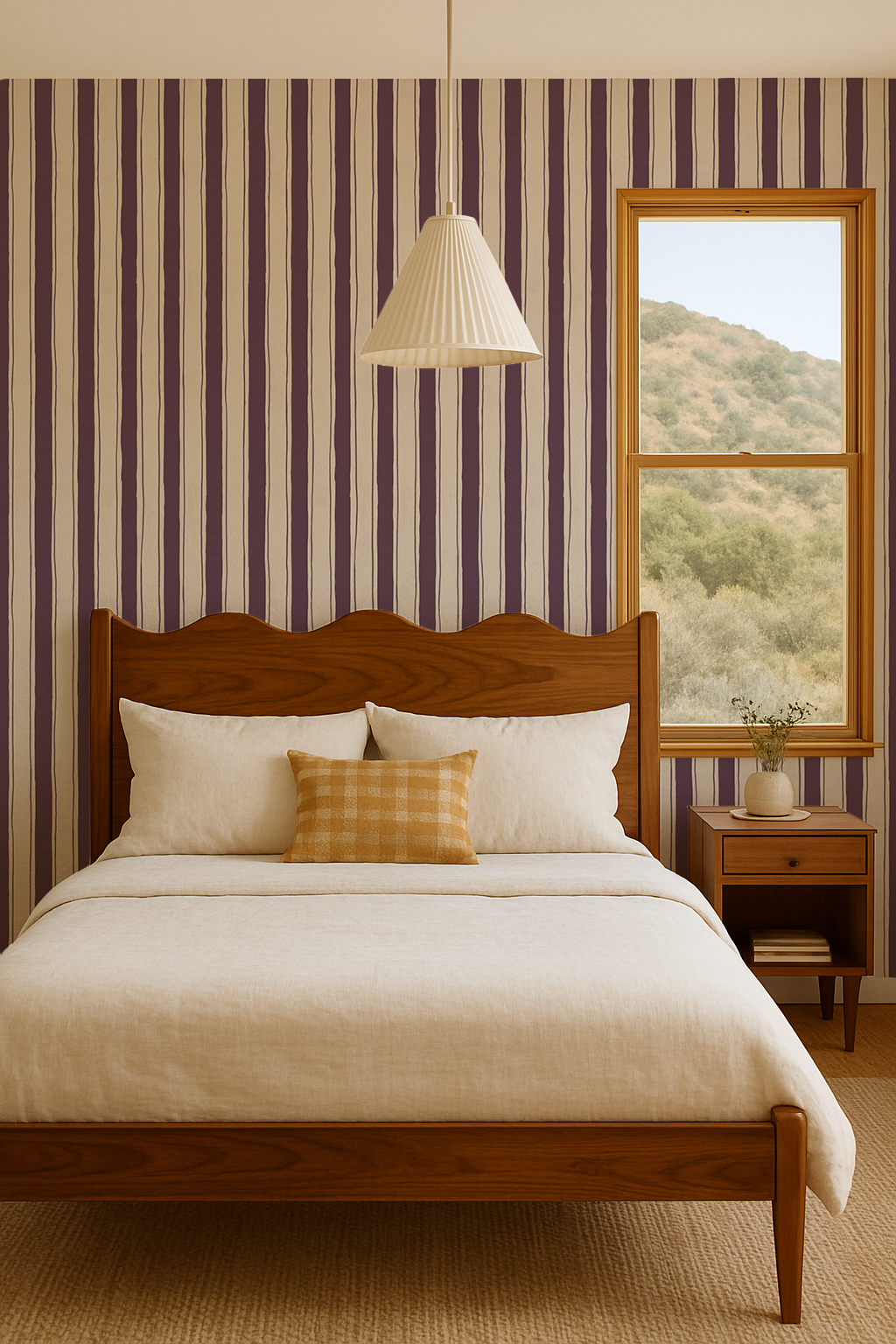 Riviera Stripe Wallpaper, off-white and eggplant
