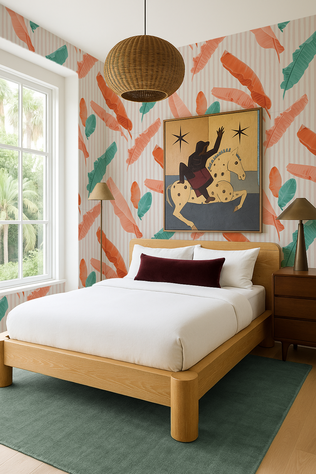 Banana Cabana Wallpaper, coral and teal
