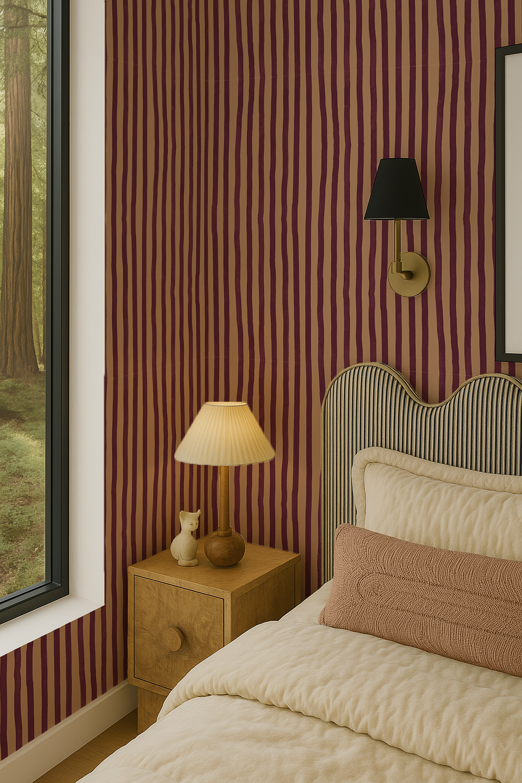 Dolce Stripe Wallpaper, peach and eggplant