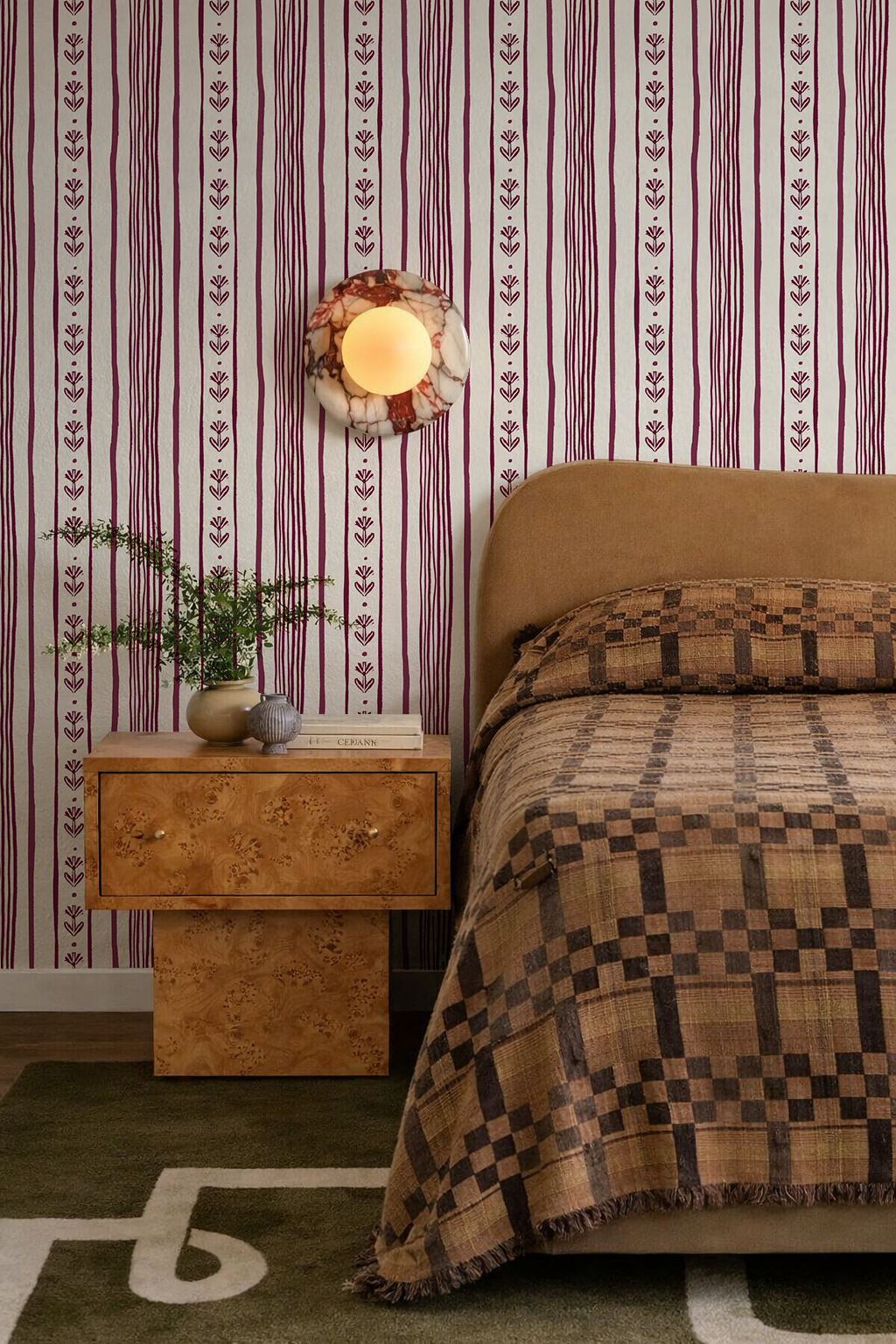 Daisy Chain Stripe Wallpaper, beige and eggplant purple