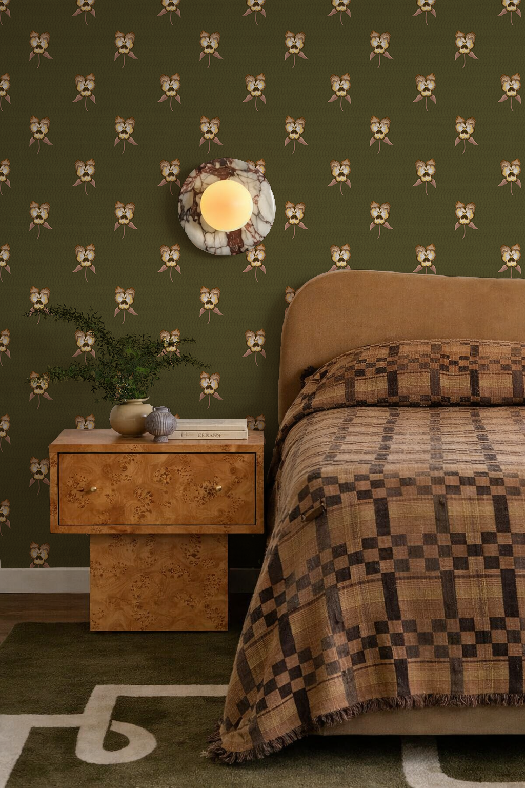 Pansy Parade Wallpaper, olive green and brown