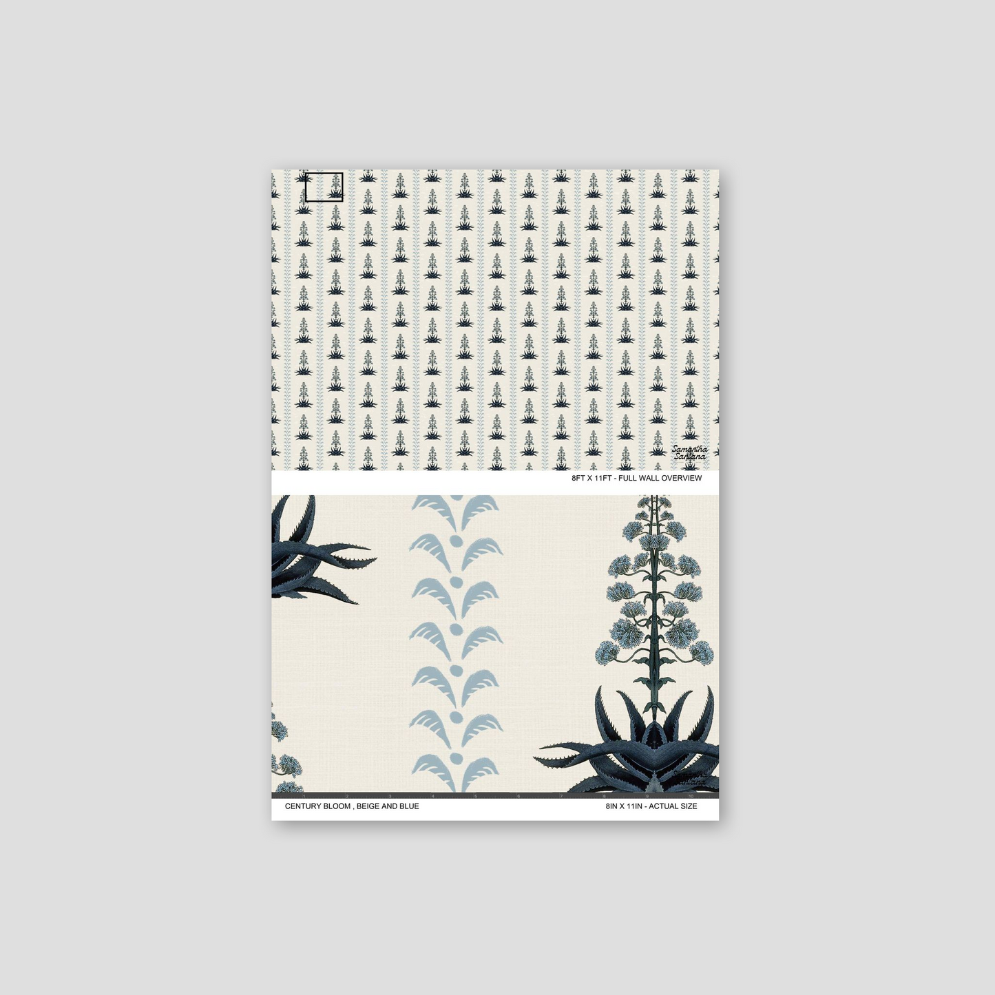Beige and blue botanical wallpaper with intricate floral patterns.