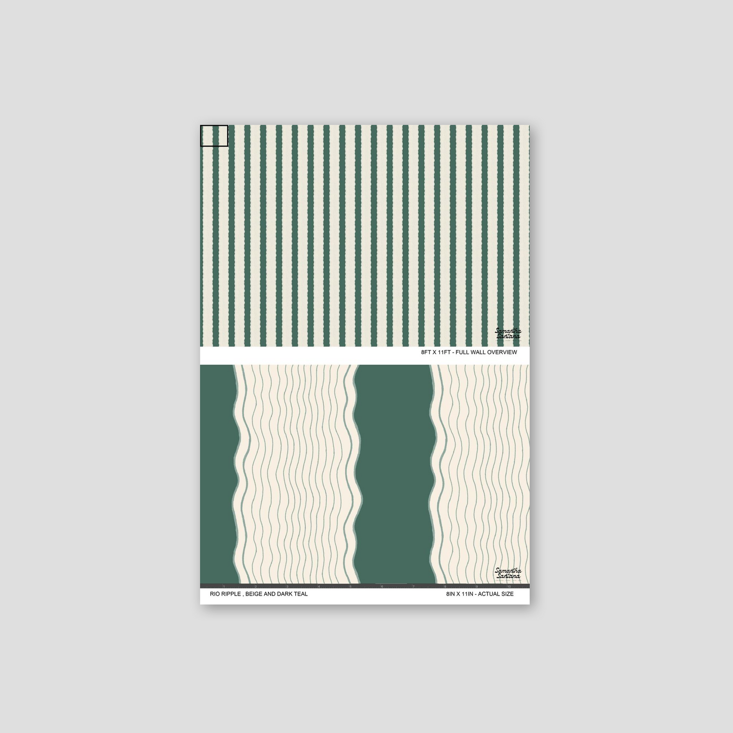 Beige and dark teal ripple stripe wallpaper pattern sample.