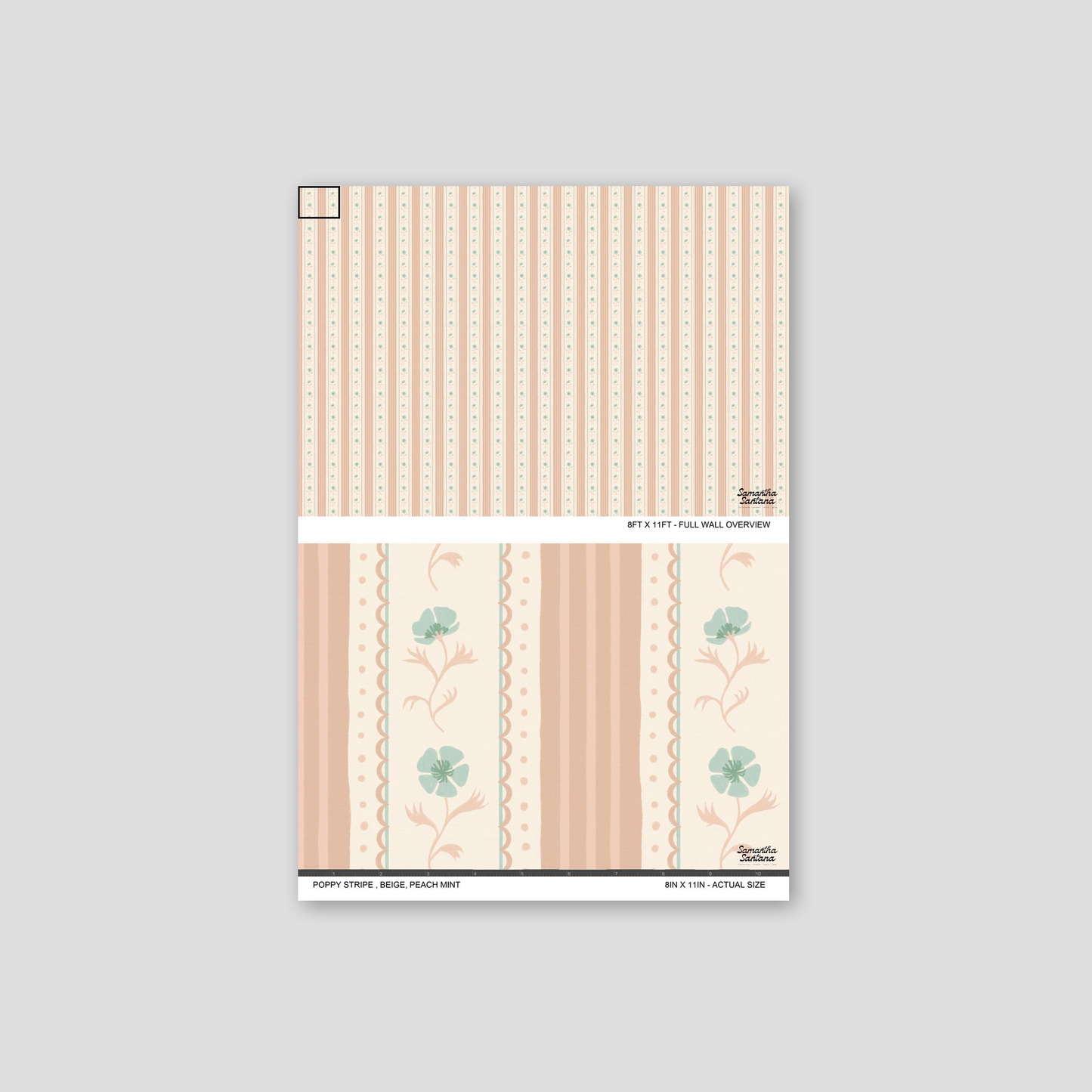 Beige, peach, mint floral striped wallpaper sample with poppy design.