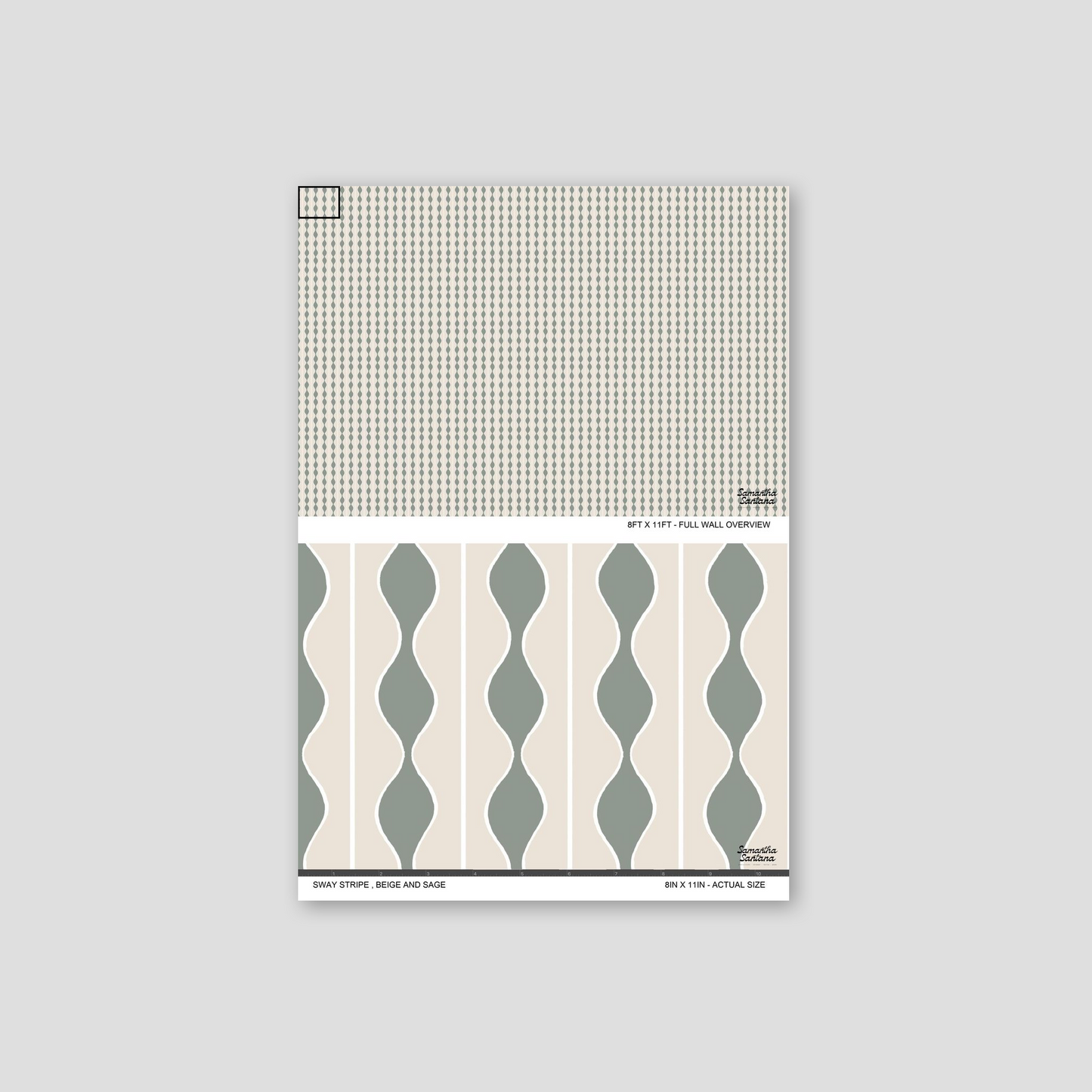 Beige and sage wavy stripe wallpaper sample with geometric pattern