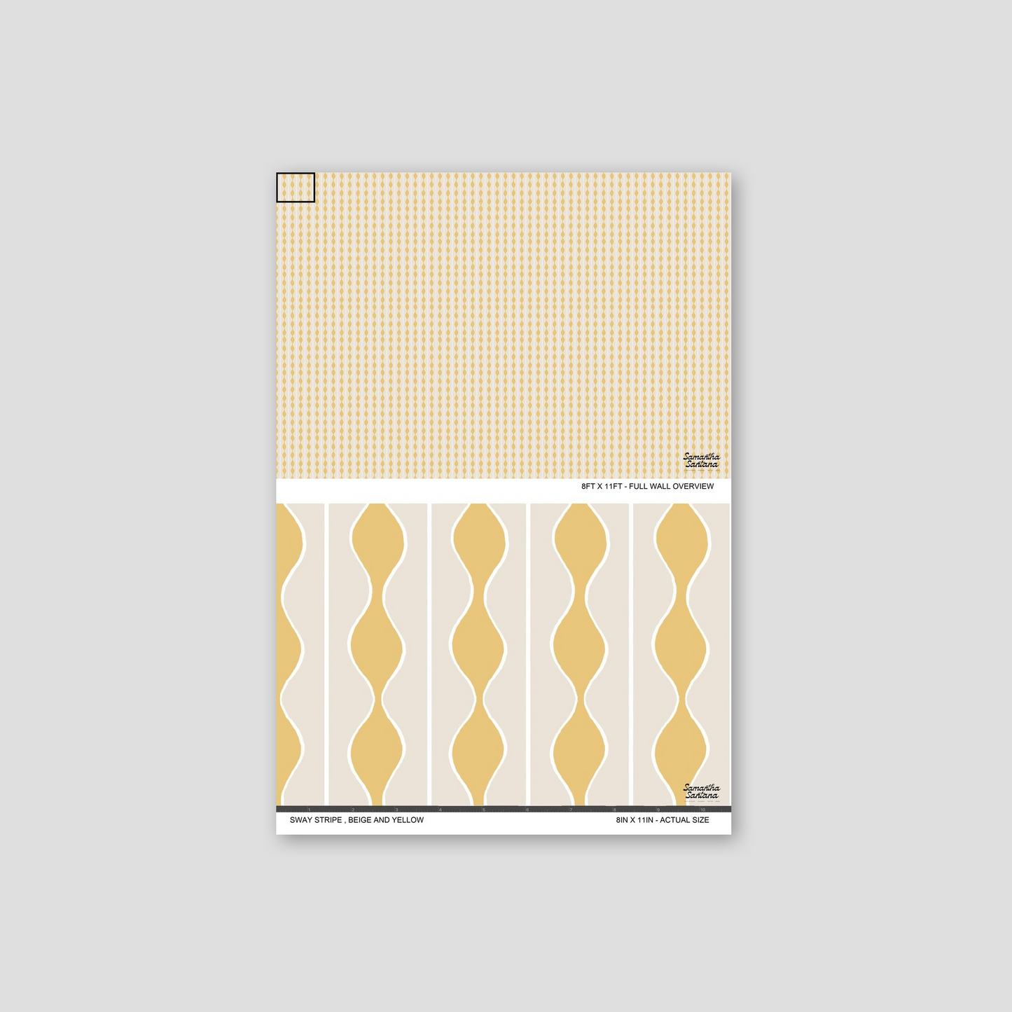 Beige and yellow wavy stripe wallpaper sample with geometric pattern.