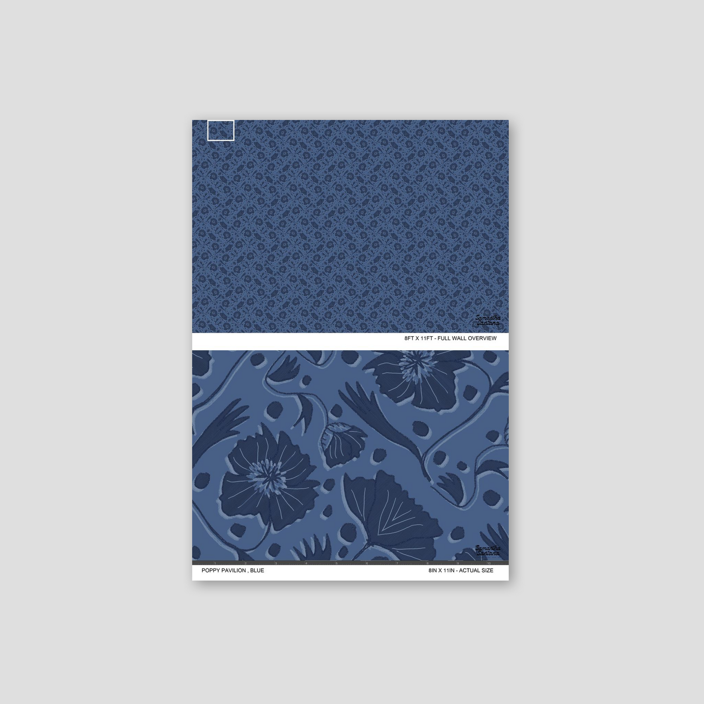 Blue floral Poppy Pavilion wallpaper with intricate patterns and botanical motifs.