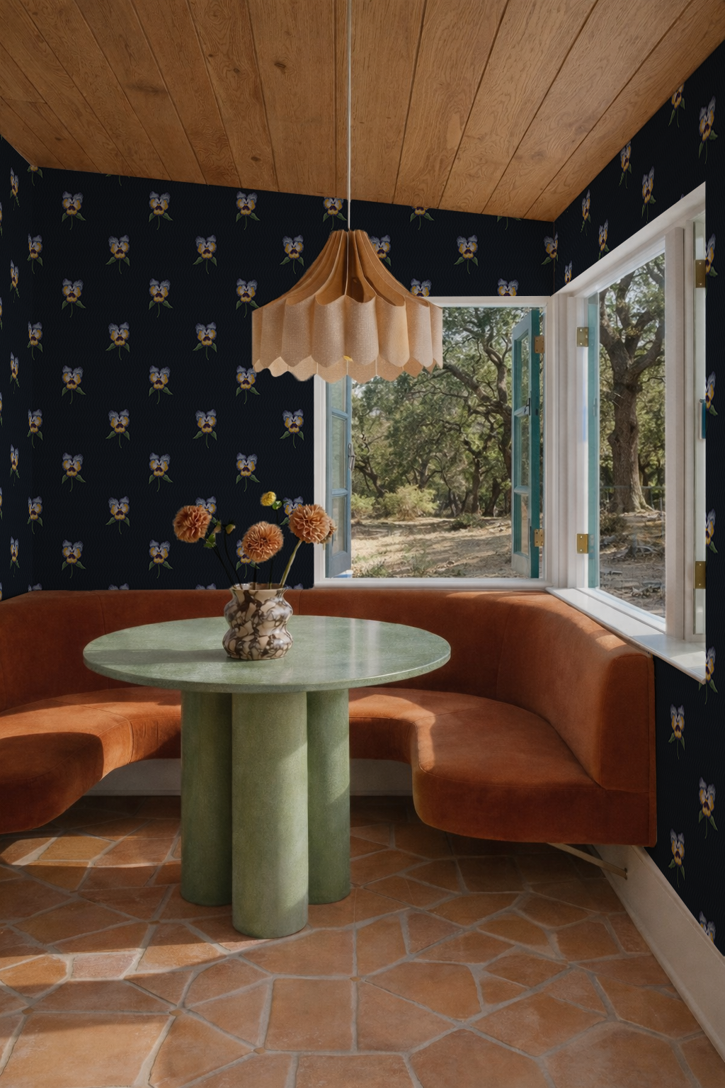 Pansy Parade Wallpaper, navy and yellow