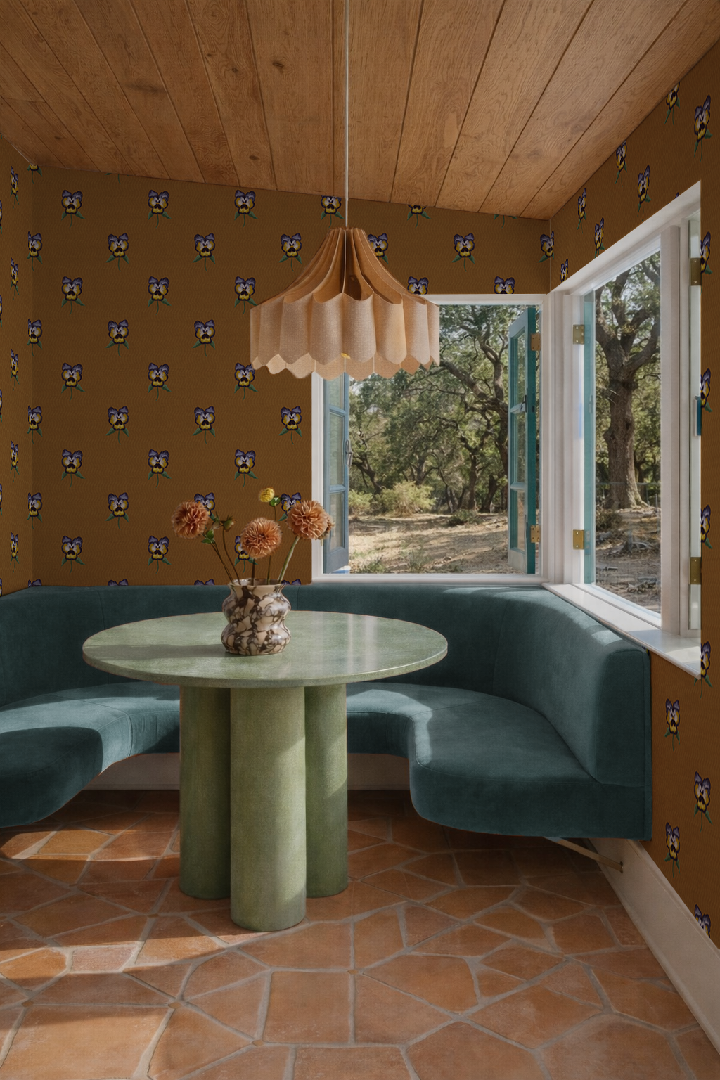 Pansy Parade Wallpaper, toffee and violet