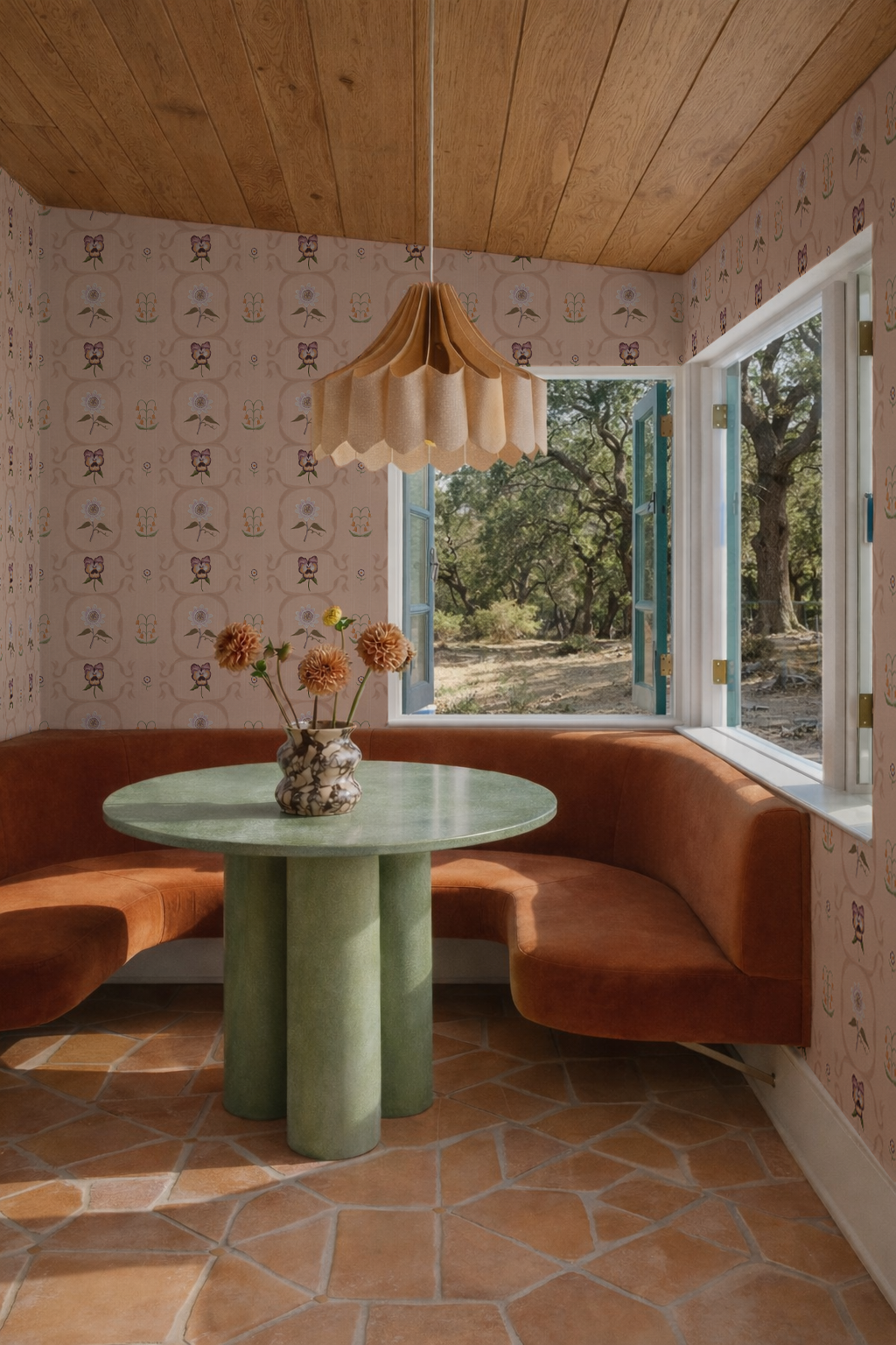 Eden Trellis Wallpaper, peach and goldenrod