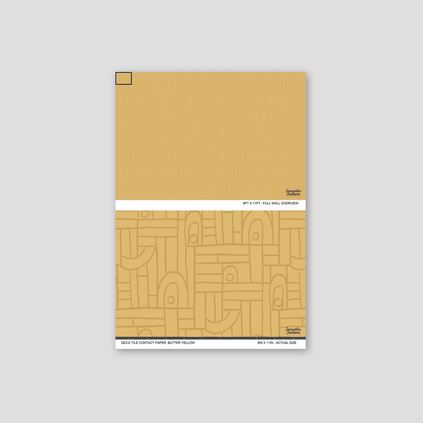 Butter yellow geometric contact paper, shelf liner sample with playful shapes.