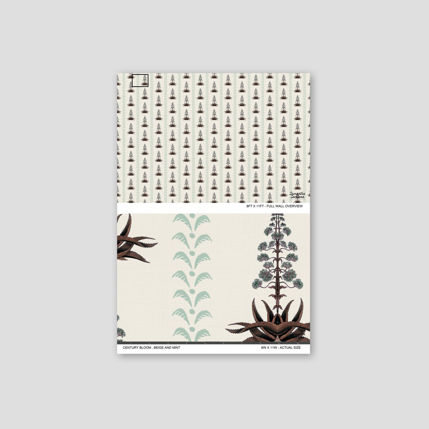 Century Bloom wallpaper with beige background and aloe-like plants in brown and mint.