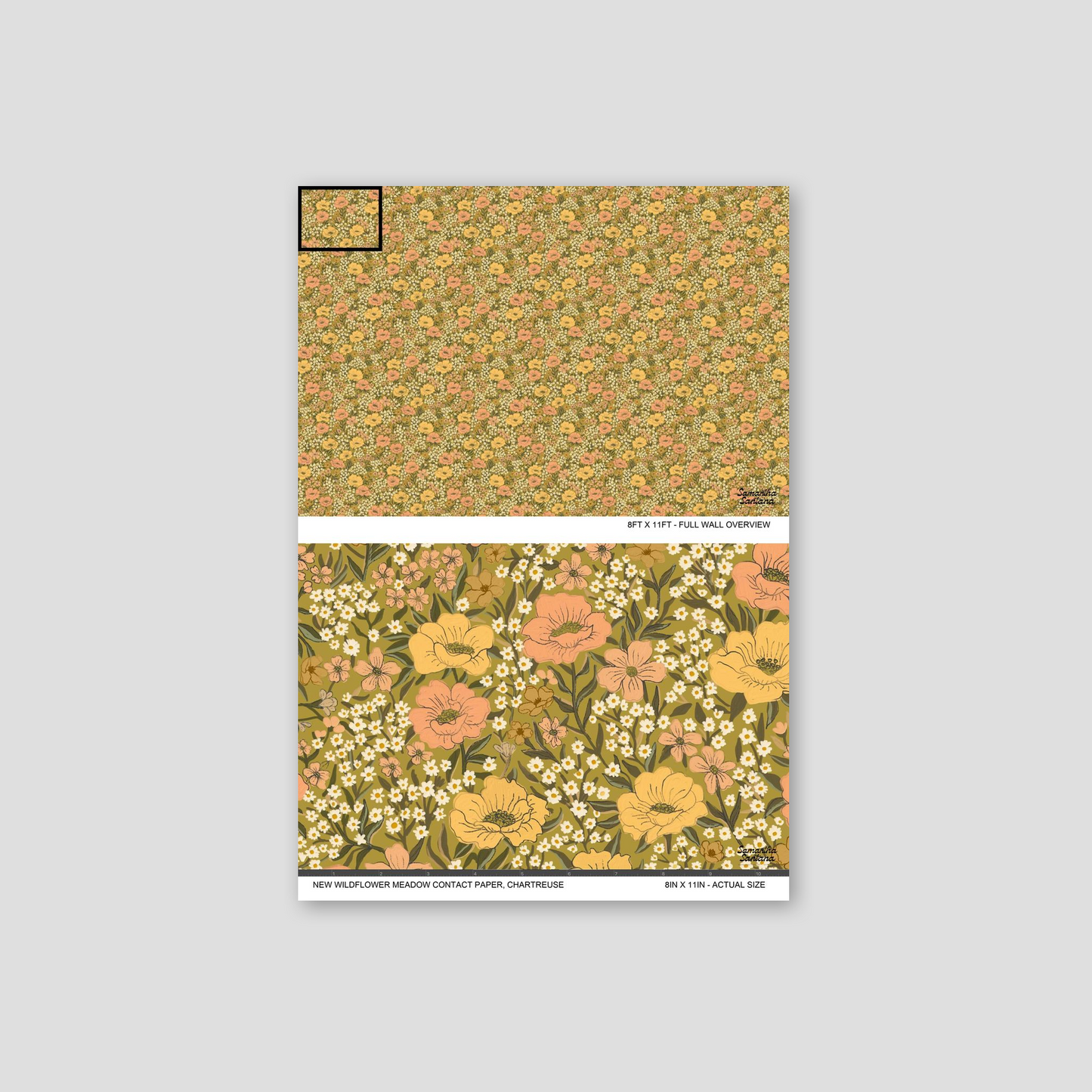 Chartreuse floral wildflower meadow contact paper, shelf liner with vibrant blooms.
